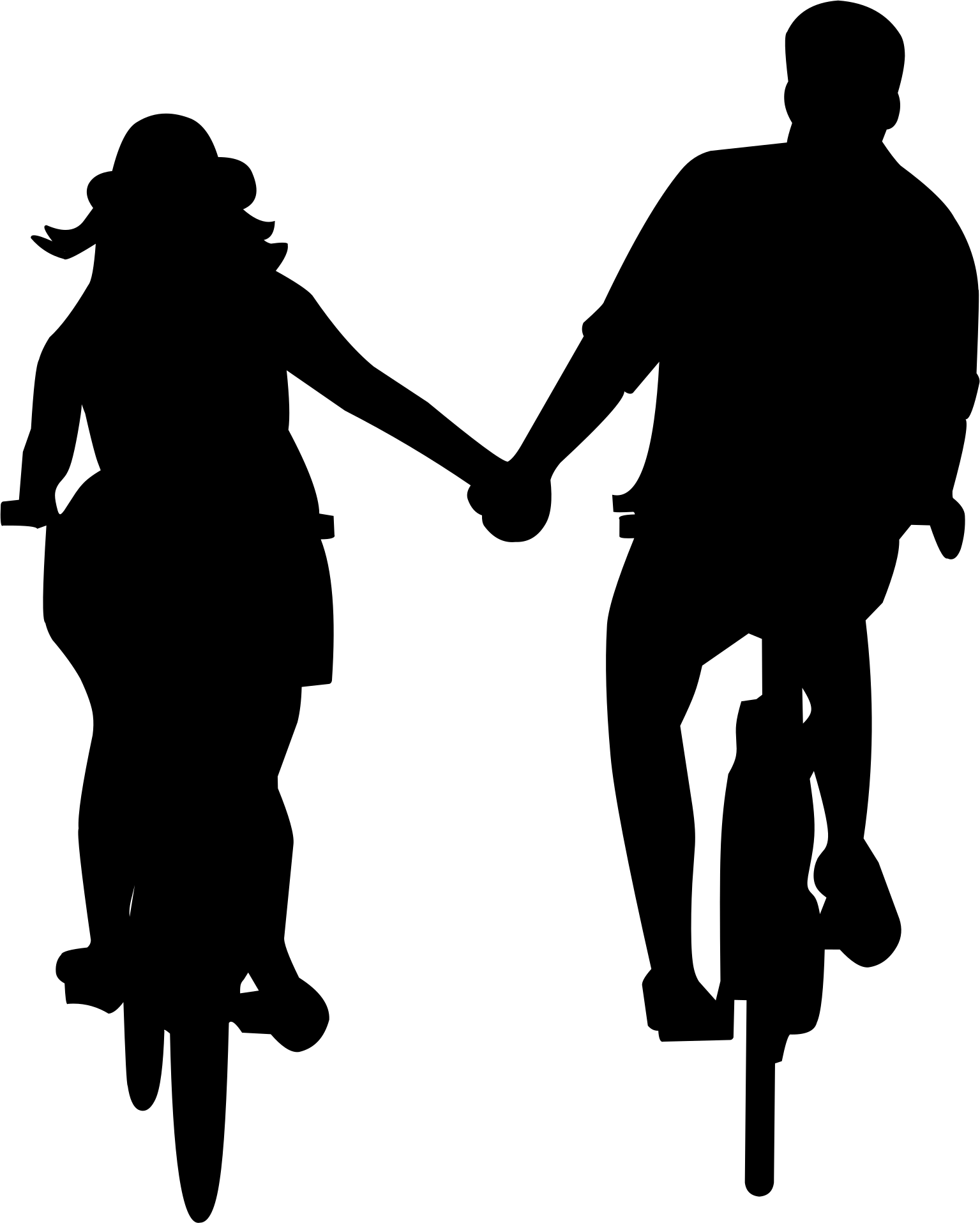 A silhouette of a couple holding hands while riding a bicycle
